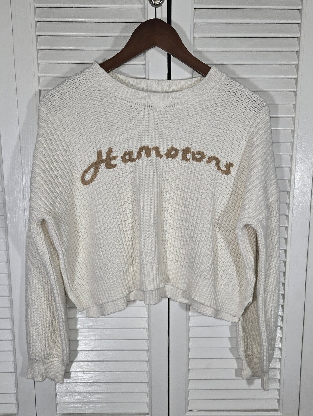 Sincerely Jules Embroidered Hamptons Cream Knit Oversized Cropped Sweater M